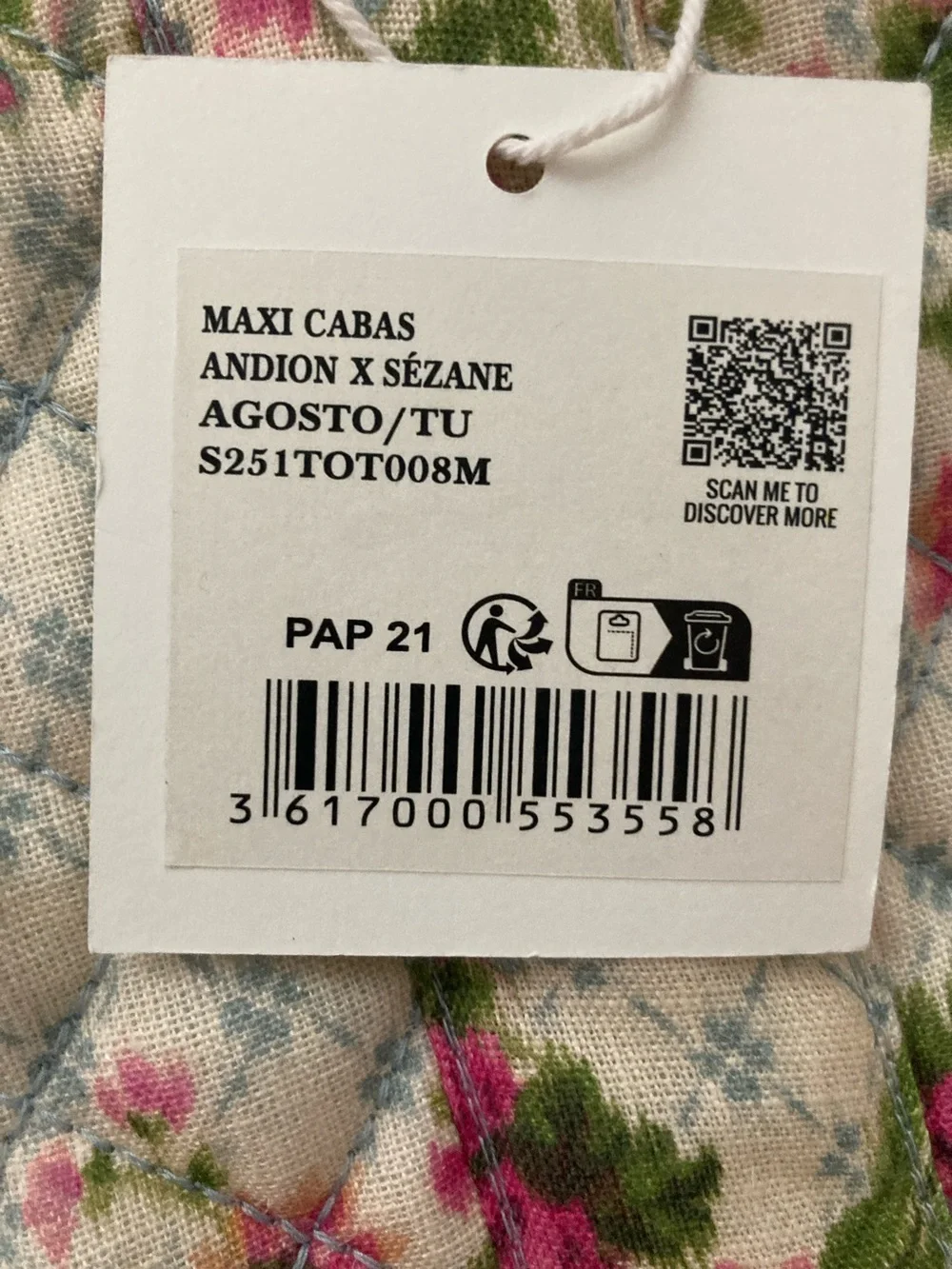 Sezane Quilted Cream Tote with Pink Floral Print